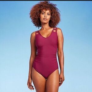 Aqua Green Wine Red Women's one piece Cut Out Strap One Piece Swimsuit M
